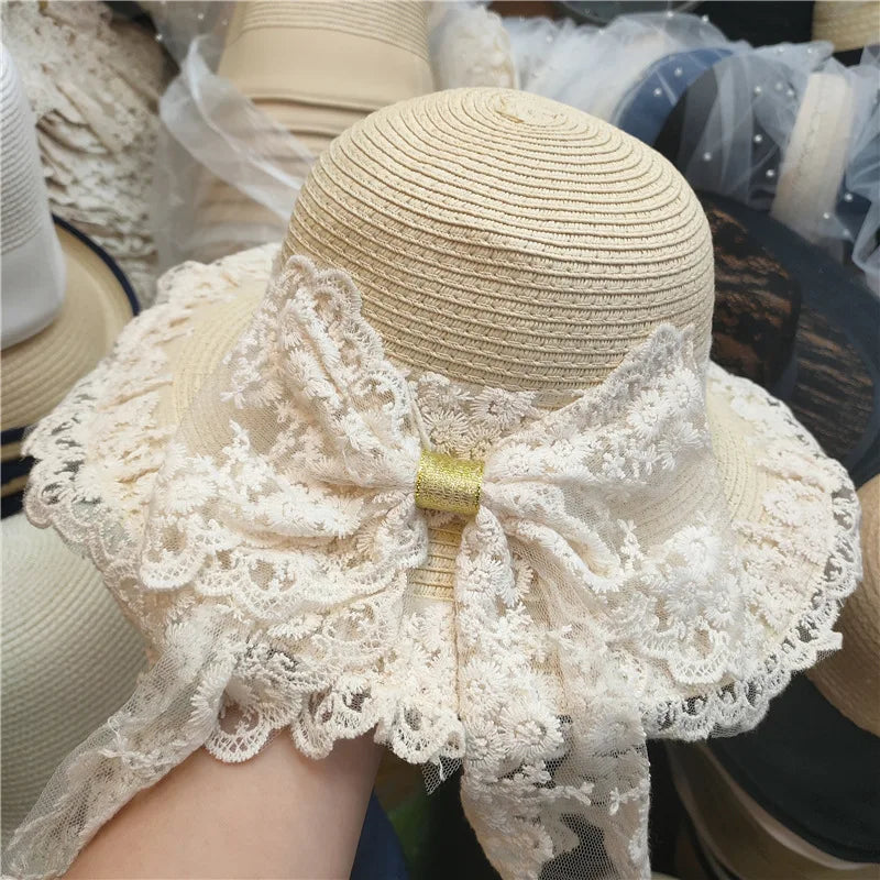 Summer Straw Hat Lace Big Bow