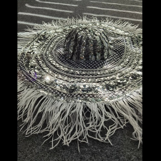 Fashion Silver Sequin Feather Large Brim Hat