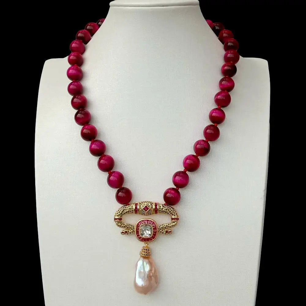 Smooth Round Fuchsia Tiger Eye Necklace