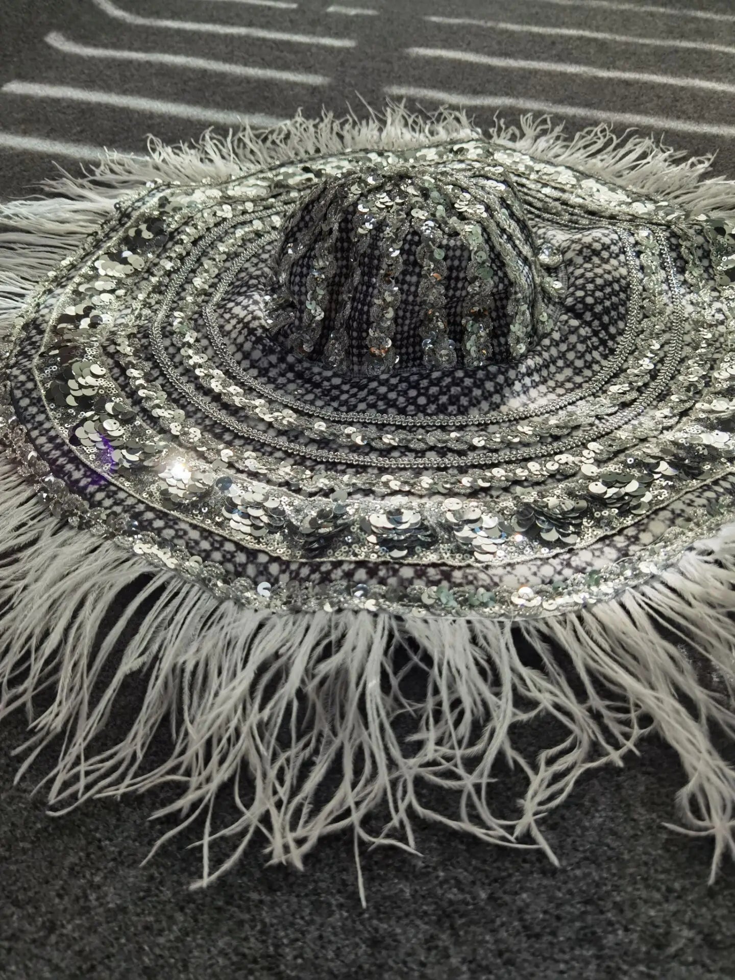 Fashion Silver Sequin Feather Large Brim Hat