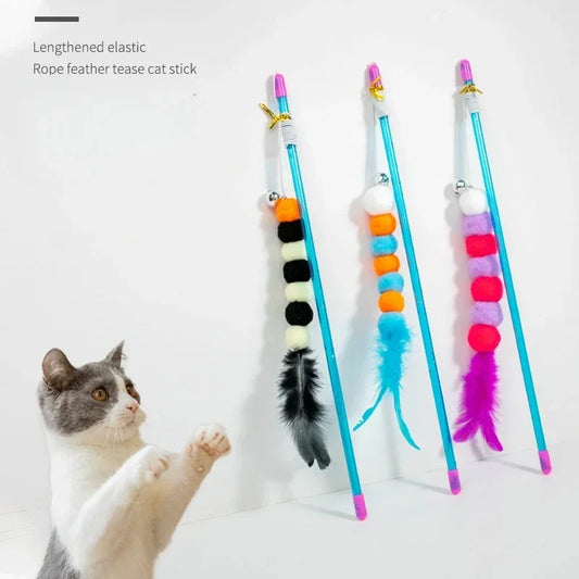 Funny Kitten Cat Teaser Interactive Toy Rod with Bell and Feather