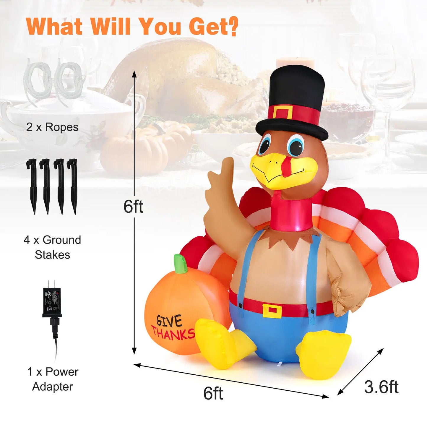 Costway 6 FT Thanksgiving Inflatable Turkey with Pumpkin