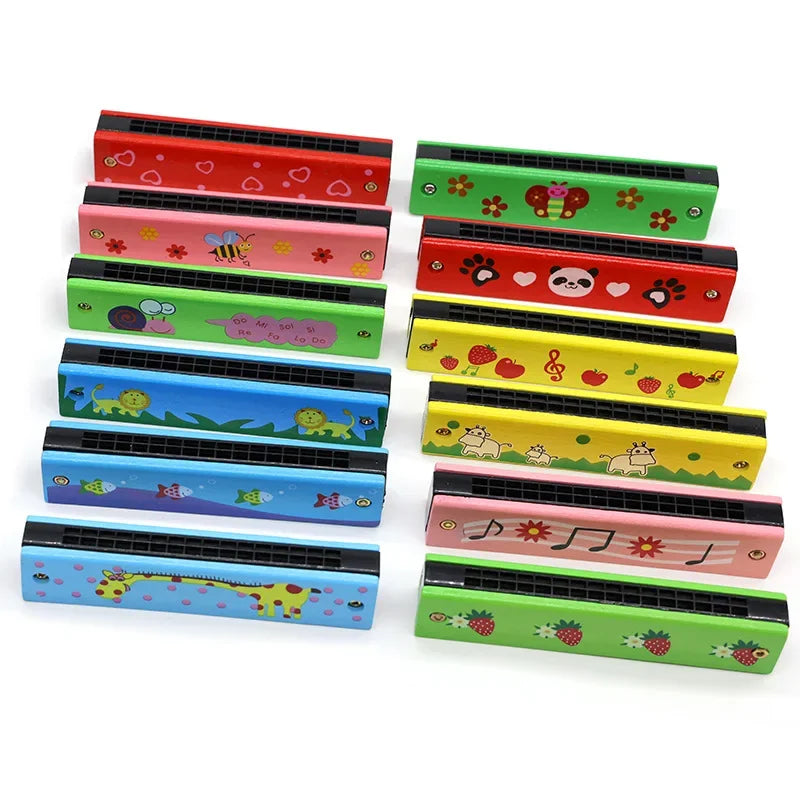 1pc 16-Hole Wooden Harmonica Cartoon Animals Painted Toy Musical Instrument Play Kids