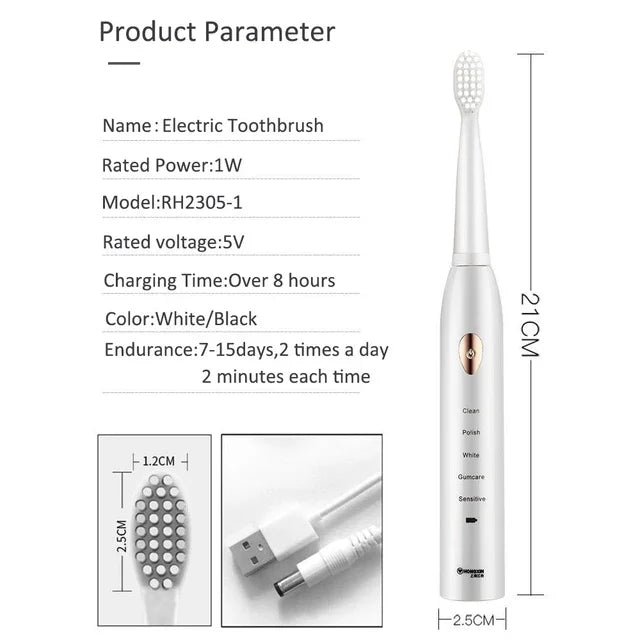 Rechargeable USB Adult Smart Electric Toothbrush IPX7 Waterproof Ultrafast