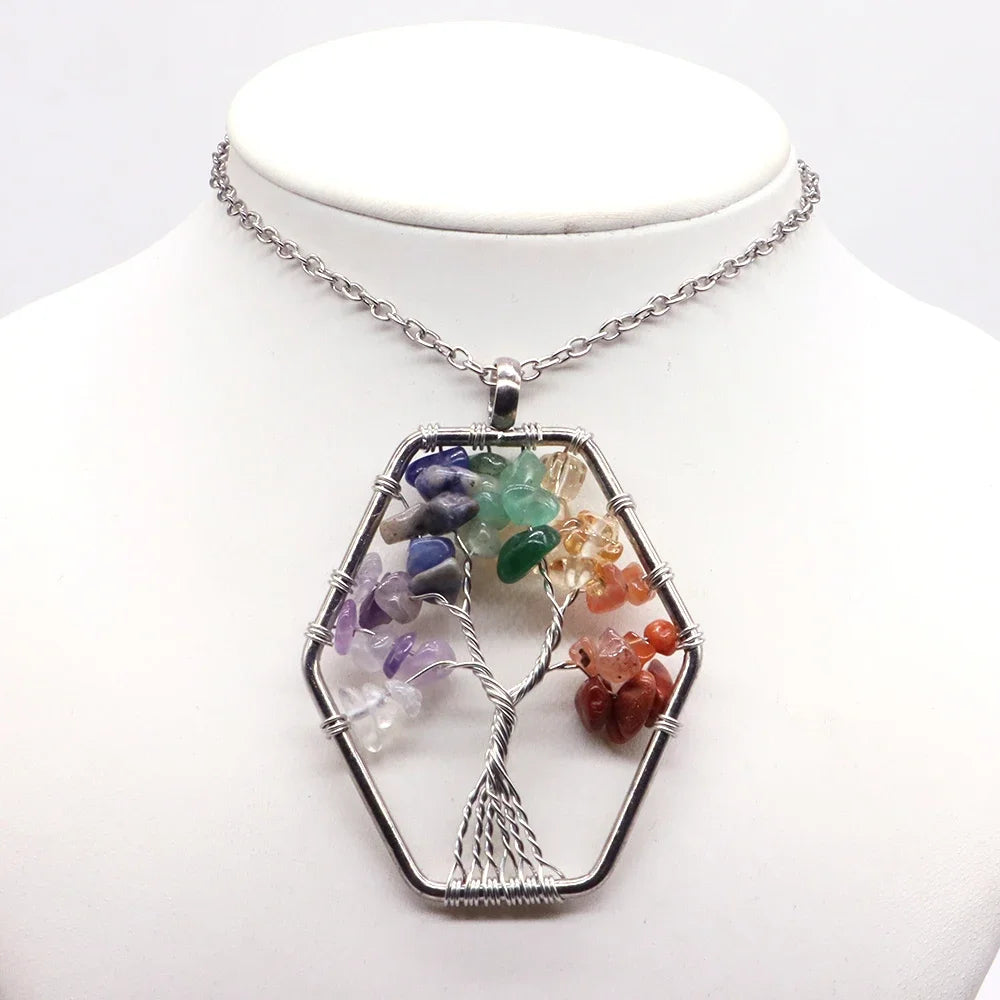 Natural Gemstone Tree of Life 7 Chakra Necklace