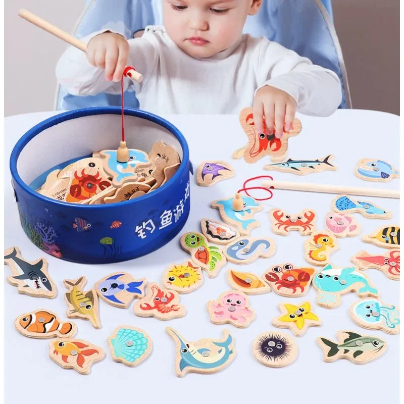 Montessori Wooden Fishing Toys For Children Cartoon Marine Life Cognition