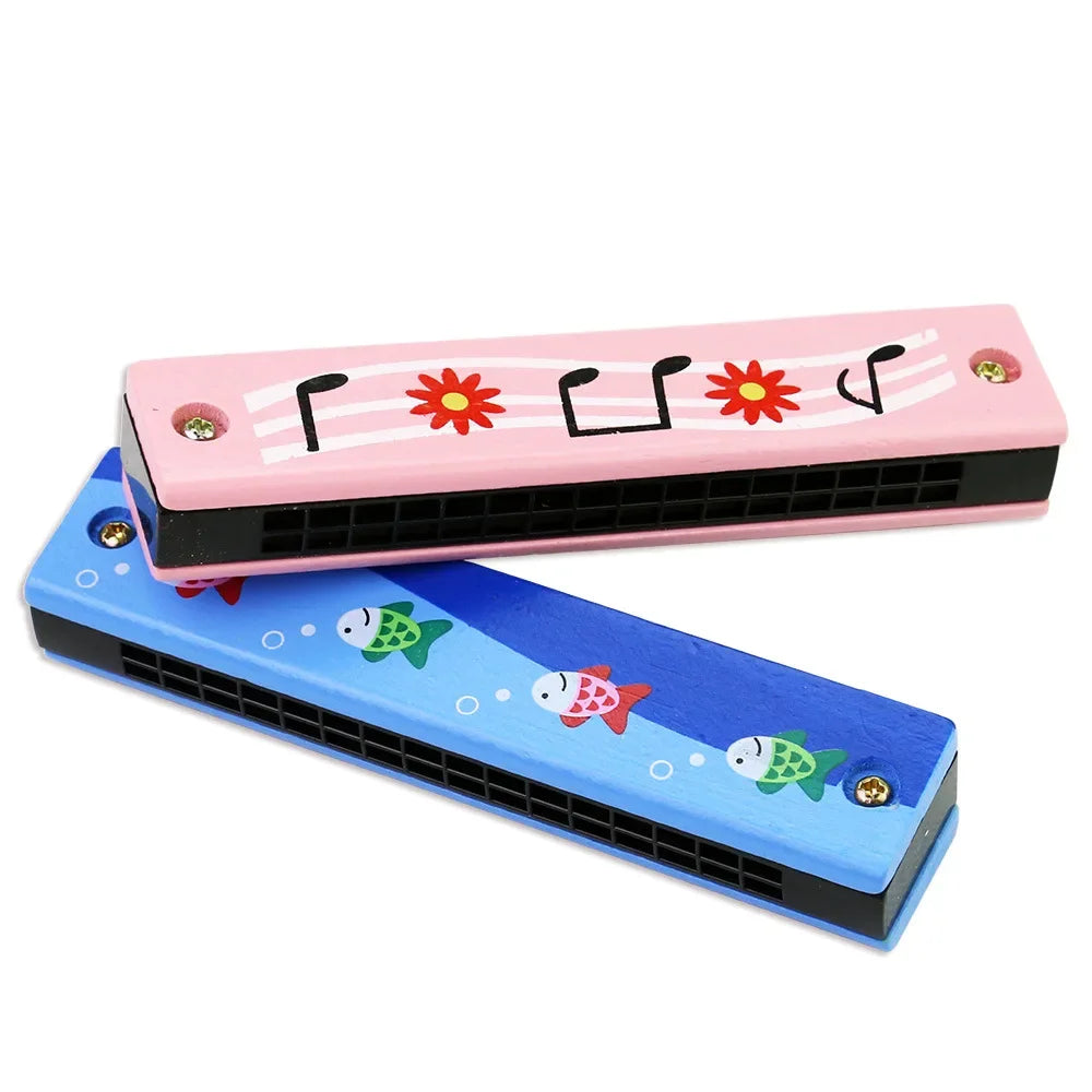 1pc 16-Hole Wooden Harmonica Cartoon Animals Painted Toy Musical Instrument Play Kids