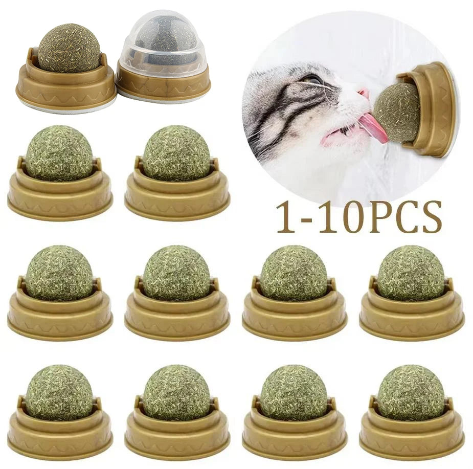 1-10PCS Natural Catnip Cat Wall Stick-on Ball Toy with Dust Cover Scratchers  Promote Digestion