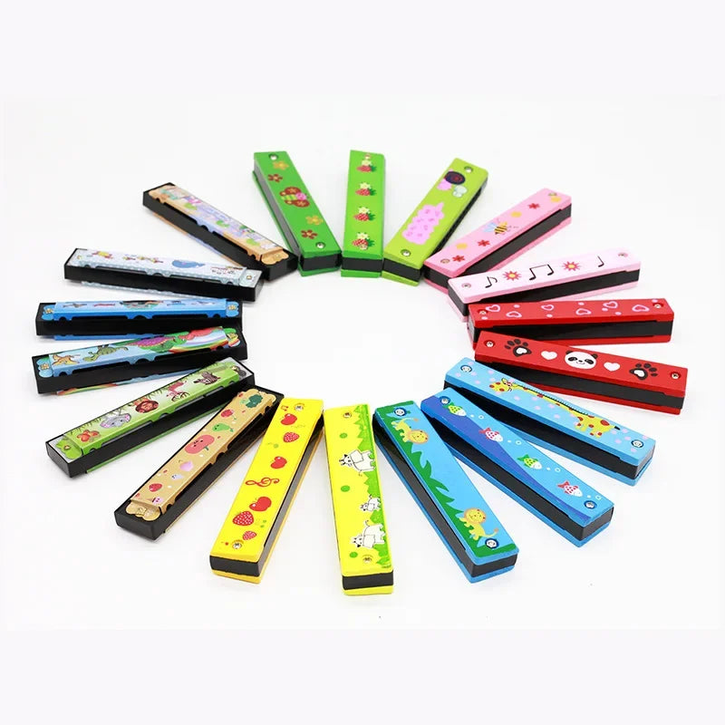 1pc 16-Hole Wooden Harmonica Cartoon Animals Painted Toy Musical Instrument Play Kids