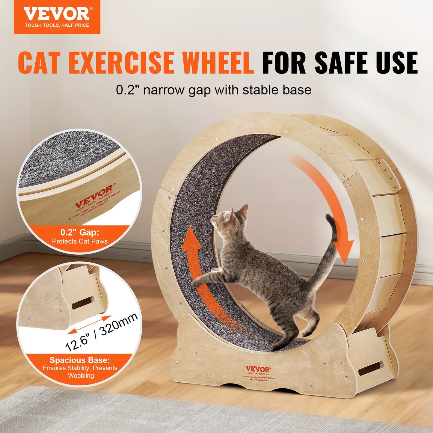 VEVOR Cat Exercise Wheel Natural Wood Silent Running Toy Treadmill Roller