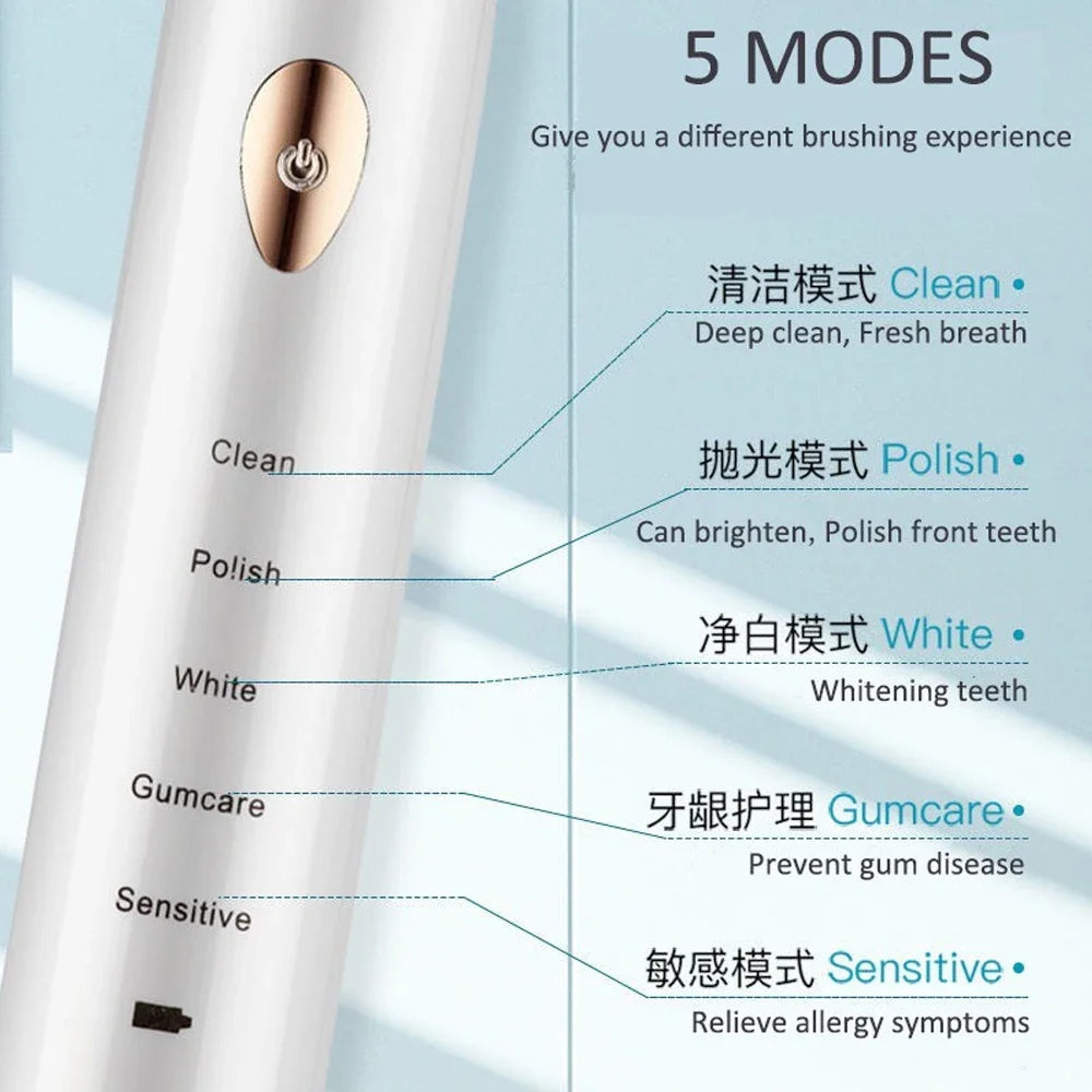 Rechargeable USB Adult Smart Electric Toothbrush IPX7 Waterproof Ultrafast