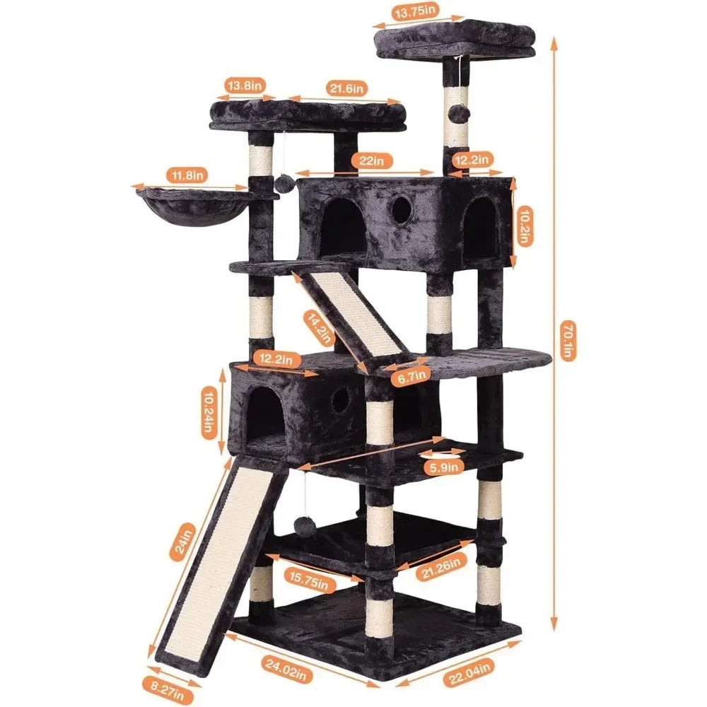 Cat Tree Cat Tower 70.1 in, Multi Level Cat Scratching Post with Basket, Hammock