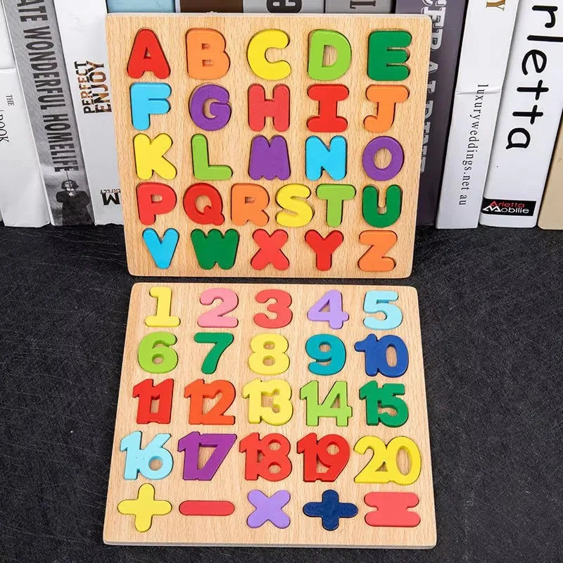 Montessori Wooden Puzzle 3D Alphabet Letters Number Matching Game Baby Kids Toys Education