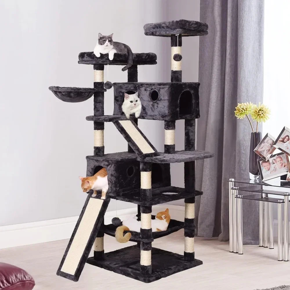 Cat Tree Cat Tower 70.1 in, Multi Level Cat Scratching Post with Basket, Hammock