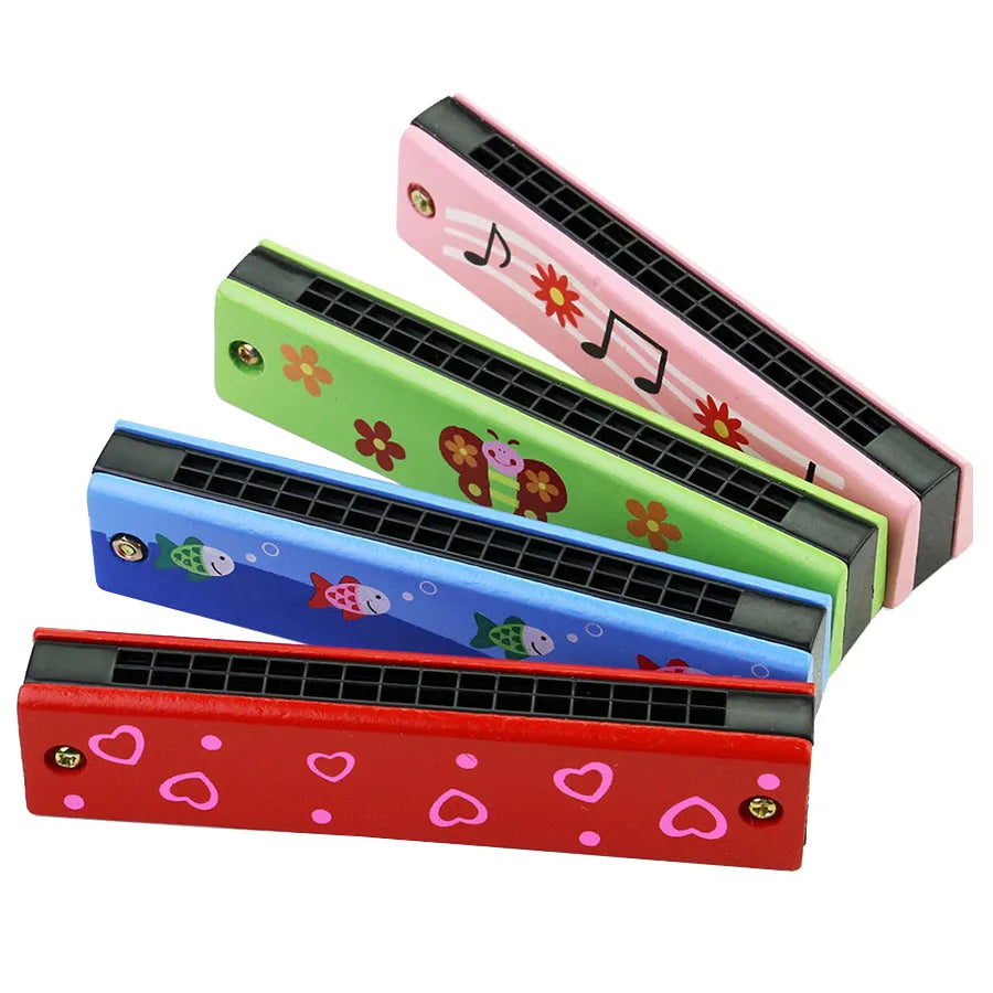 1pc 16-Hole Wooden Harmonica Cartoon Animals Painted Toy Musical Instrument Play Kids