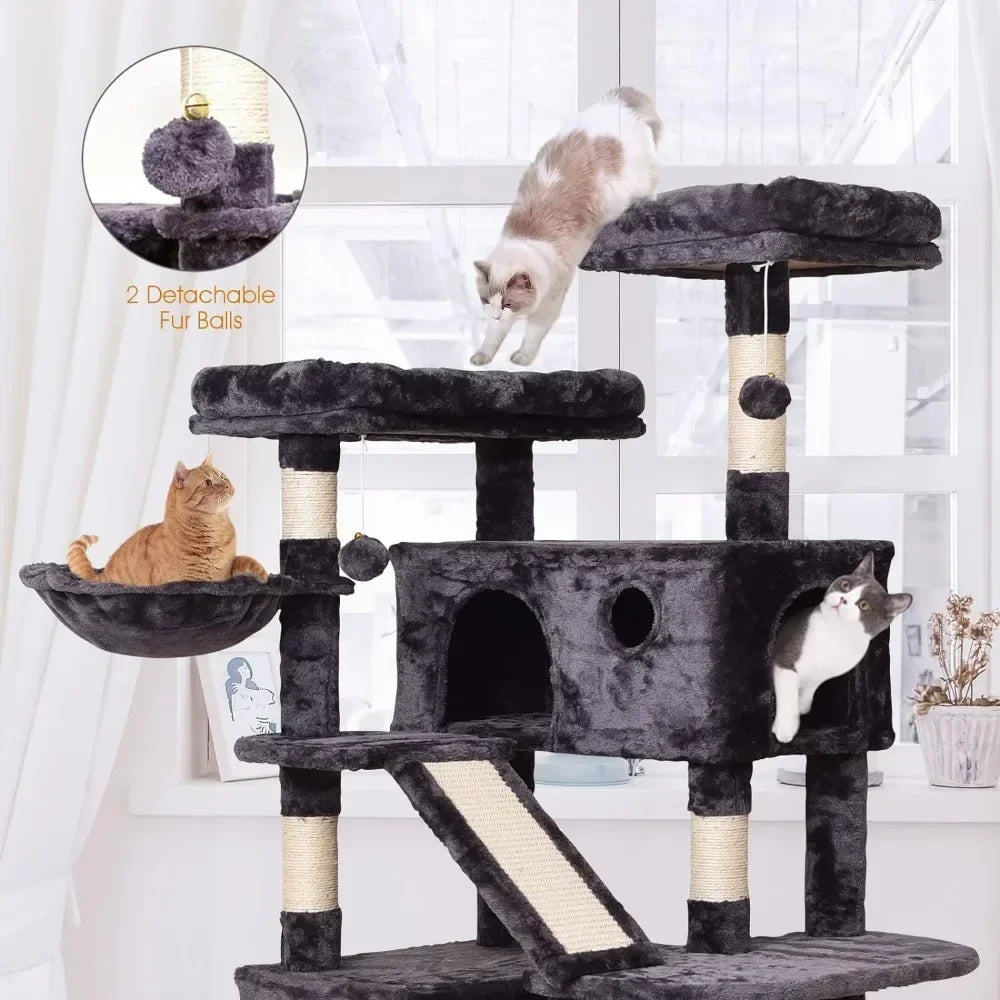 Cat Tree Cat Tower 70.1 in, Multi Level Cat Scratching Post with Basket, Hammock