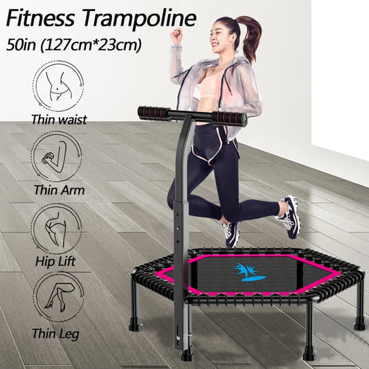 50" Fitness Trampoline With Silent Sucker Adjustable Handle Length Indoor GYM Bungee Rebounder