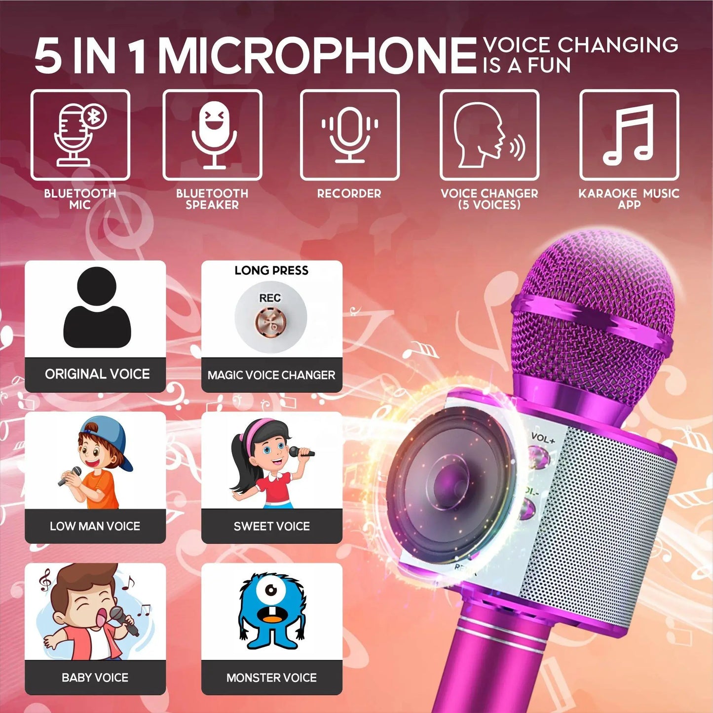 Handheld Wireless Bluetooth Karaoke Machine Microphone For Kids