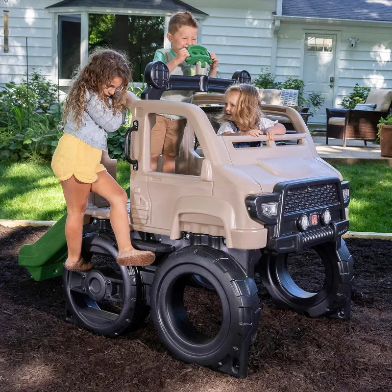 Safari Truck Climber Playset for Kids, Slide, Climbing Wall, Steering Wheel, and Binoculars