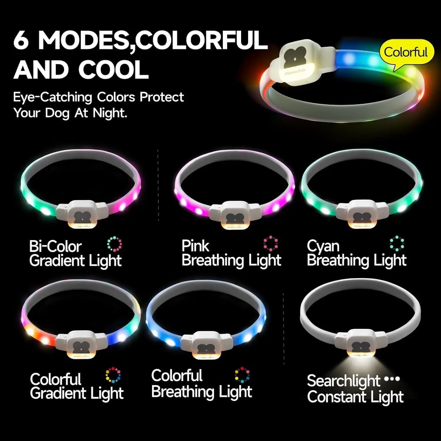 Mewoofun Light Up Dog Collar LED with USB Rechargeable Glow in The Dark Waterproof Dog Necklace