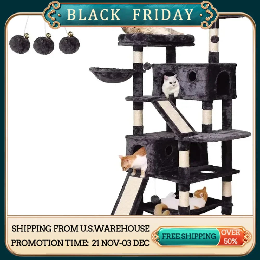 Cat Tree Cat Tower 70.1 in, Multi Level Cat Scratching Post with Basket, Hammock