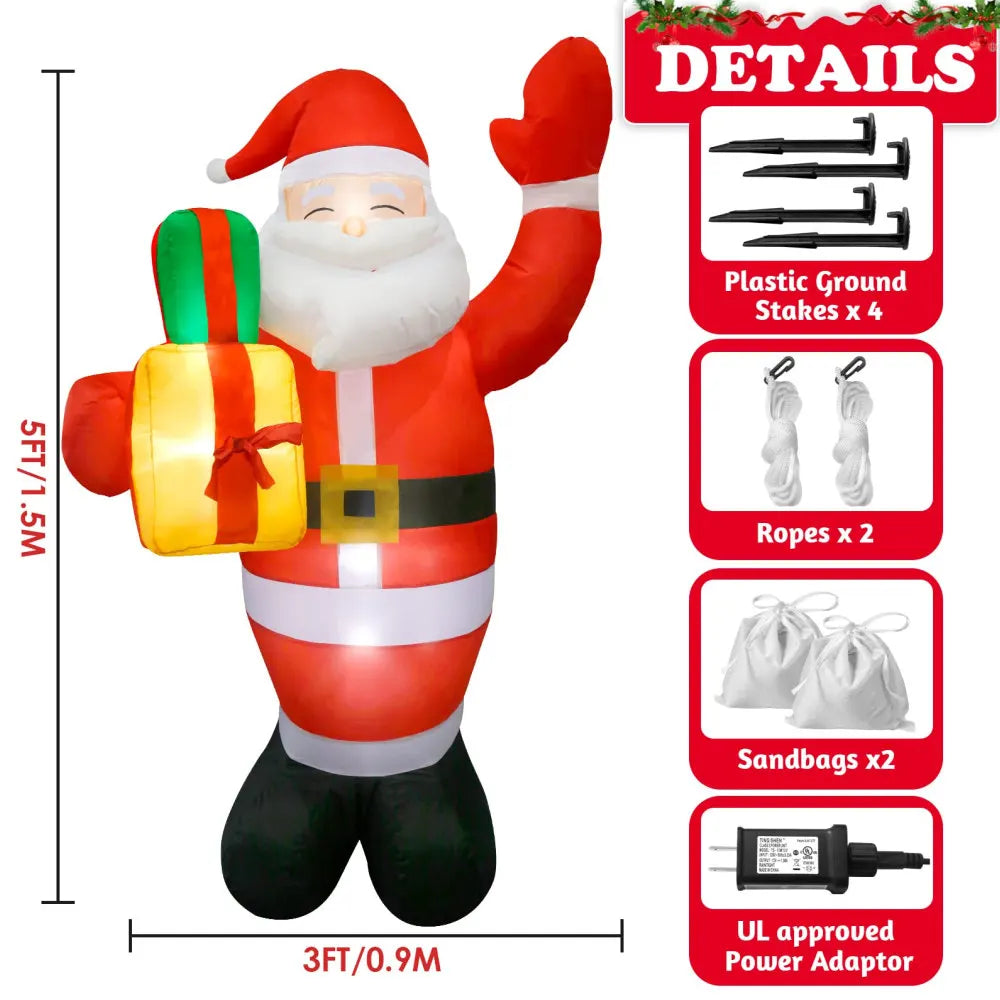 1.5M/5FT Christmas Inflatable Santa Claus Outdoor Decoration for Yard, Weatherproof