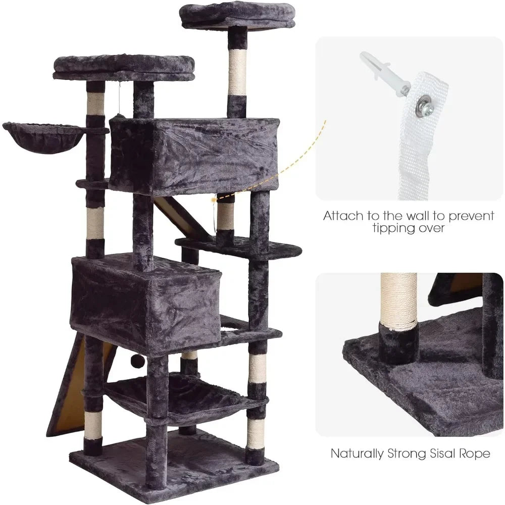 Cat Tree Cat Tower 70.1 in, Multi Level Cat Scratching Post with Basket, Hammock